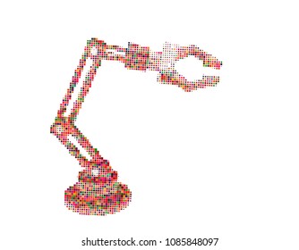 Robotic arm. Isolated on white background. Vector illustration. Halftone pixel style.