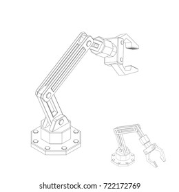 Robotic Arm. Isolated On White Background. Vector Outline Illustration. Isometric View.