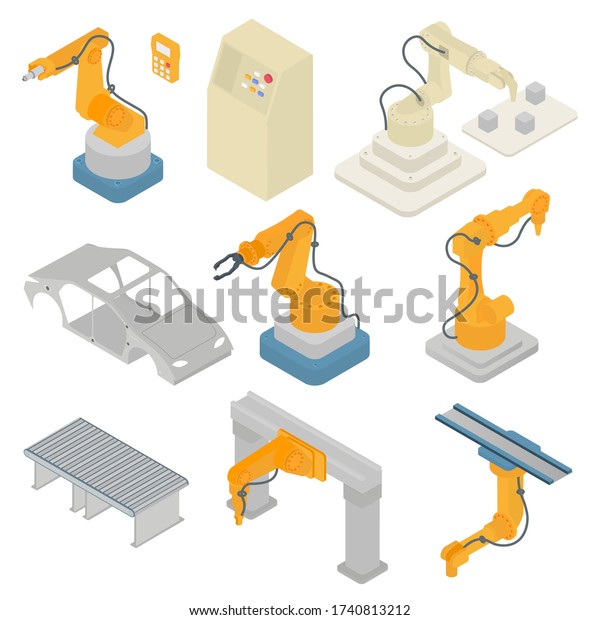 Robotic arm isometric icons set industrial\
robot vector\
illustration