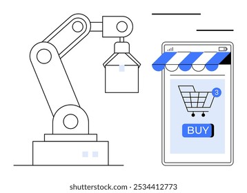 Robotic arm lifting a box next to a smartphone displaying an online shopping cart with a BUY button. Ideal for Technology, E-commerce, Automation, Robotics, Online Retail. Simple modern style