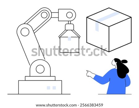 Robotic arm lifting boxed packages while a person in blue points at the equipment. Ideal for automation, logistics, warehouse, technology, and manufacturing. Minimalist, clean, modern style
