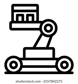 Robotic arm lifting container on wheeled platform, symbolizing automated logistics and warehouse management