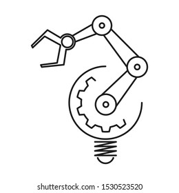 Robotic arm and light bulb icon. Automation and machine learning concept. Outline thin line illustration. Isolated on white background. 