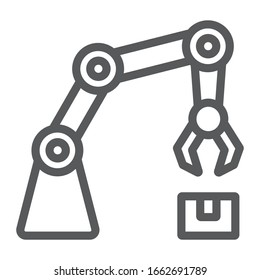 Icono de línea de brazo robótica, tecnología y máquina, signo de brazo mecánico, gráficos vectoriales, un patrón lineal en un fondo blanco, pasos 10