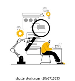 A robotic arm with a magnifying glass searches for bugs in a mobile application. Vector illustration on the topic of mobile development and testing.