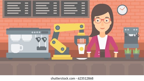 Un brazo robótico haciendo café para un cliente en una cafetería. Brazo robótico sirviendo a una mujer en una cafetería. Brazo robótico sujetando una taza de café para un cliente. Ilustración de diseño plana vectorial. Diseño horizontal.