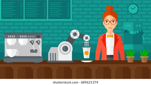 Robotic arm making coffee for a client at coffee shop. Robotic arm serving a woman in a coffee shop. Robotic arm holding cup of coffee for a client. Vector flat design illustration. Horizontal layout.