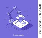 Robotic arm manipulating a diamond on a pedestal. Premium product quality control and precision manufacturing concept. Isometric vector illustration.