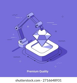 Brazo robótico manipulando un diamante en un pedestal. Control de calidad del producto de Premium y concepto de fabricación de precisión. Ilustración vectorial isométrica.