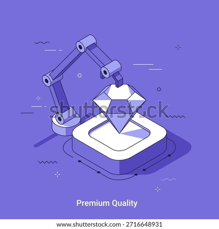 Robotic arm manipulating a diamond on a pedestal. Premium product quality control and precision manufacturing concept. Isometric vector illustration.