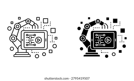 Robotic arm manipulating digital tablet screen with circuit board patterns in flat vector illustration for industrial automation and smart technology