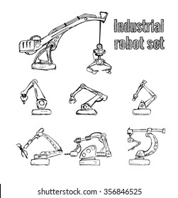 Robotic arm manufacture doodle set, industry mechanic vector