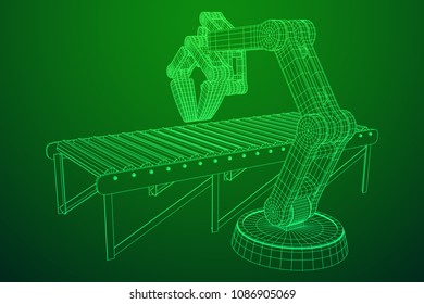 Robotic arm manufacture technology industry assembly mechanic hand and regular empty roller conveyor section wireframe low poly mesh vector illustration