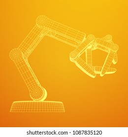 Robotic arm manufacture technology industry assembly mechanic hand wireframe low poly mesh vector illustration