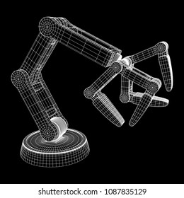 Robotic arm manufacture technology industry assembly mechanic hand wireframe low poly mesh vector illustration