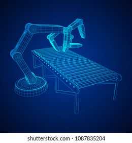 Robotic arm manufacture technology industry assembly mechanic hand and regular empty roller conveyor section wireframe low poly mesh vector illustration
