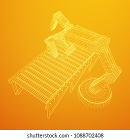 Robotic arm manufacture technology industry assembly mechanic hand and regular empty roller conveyor section wireframe low poly mesh vector illustration