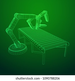 Robotic arm manufacture technology industry assembly mechanic hand and regular empty roller conveyor section wireframe low poly mesh vector illustration