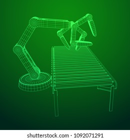 Robotic arm manufacture technology industry assembly mechanic hand and regular empty roller conveyor section wireframe low poly mesh vector illustration