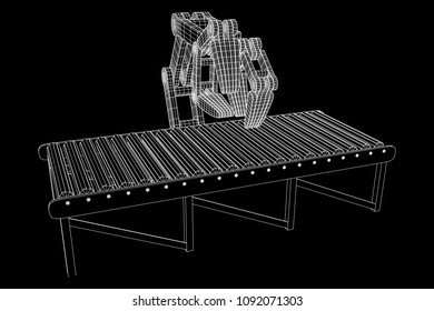 Robotic arm manufacture technology industry assembly mechanic hand and regular empty roller conveyor section wireframe low poly mesh vector illustration