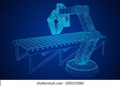Robotic arm manufacture technology industry assembly mechanic hand and regular empty roller conveyor section wireframe low poly mesh vector illustration