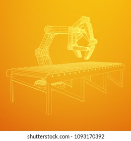 Robotic arm manufacture technology industry assembly mechanic hand and regular empty roller conveyor section wireframe low poly mesh vector illustration