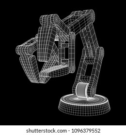 Robotic arm manufacture technology industry assembly mechanic hand wireframe low poly mesh vector illustration