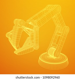 Robotic arm manufacture technology industry assembly mechanic hand wireframe low poly mesh vector illustration