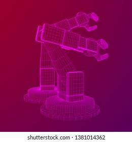 Robotic arm manufacture technology industry assembly mechanic hand wireframe low poly mesh vector illustration