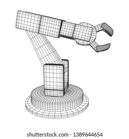 Robotic arm manufacture technology industry assembly mechanic hand wireframe low poly mesh vector illustration