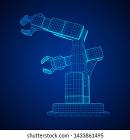 Robotic arm manufacture technology industry assembly mechanic hand wireframe low poly mesh vector illustration