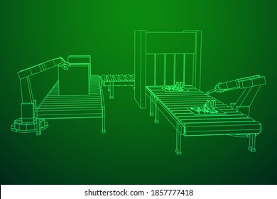 Robotic arm manufacture technology industry assembly mechanic hand. Regular roller conveyor with circuit boards and packed boxes. Wireframe low poly mesh vector illustration