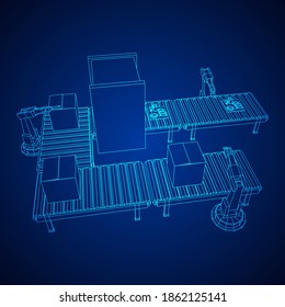 Roboter-Arm-Fertigung Technologie Montage-Mechanik Hand. Regelmäßiger Rollförderer mit Leiterplatten und gepackten Kartons. Wireframe Low-Poly-Mesh, Vektorgrafik