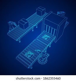 Robotic arm manufacture technology industry assembly mechanic hand. Regular roller conveyor with circuit boards and packed boxes. Wireframe low poly mesh vector illustration