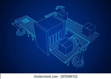 Robotic arm manufacture technology industry assembly mechanic hand. Regular roller conveyor with circuit boards and packed boxes. Wireframe low poly mesh vector illustration