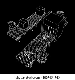 Roboter-Arm-Fertigung Technologie Montage-Mechanik Hand. Regelmäßiger Rollförderer mit Leiterplatten und gepackten Kartons. Wireframe Low-Poly-Mesh, Vektorgrafik