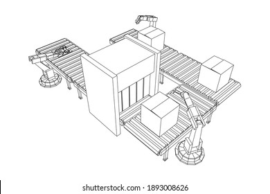 Robotic arm manufacture technology industry assembly mechanic hand. Regular roller conveyor with circuit boards and packed boxes. Wireframe low poly mesh vector illustration