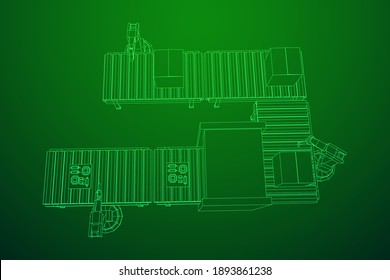 Robotic arm manufacture technology industry assembly mechanic hand. Regular roller conveyor with circuit boards and packed boxes. Wireframe low poly mesh vector illustration