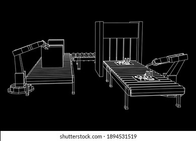 Roboter-Arm-Fertigung Technologie Montage-Mechanik Hand. Regelmäßiger Rollförderer mit Leiterplatten und gepackten Kartons. Wireframe Low-Poly-Mesh, Vektorgrafik