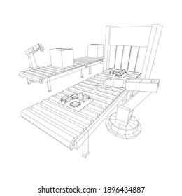 Robotic arm manufacture technology industry assembly mechanic hand. Regular roller conveyor with circuit boards and packed boxes. Wireframe low poly mesh vector illustration