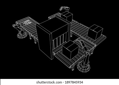 Roboter-Arm-Fertigung Technologie Montage-Mechanik Hand. Regelmäßiger Rollförderer mit Leiterplatten und gepackten Kartons. Wireframe Low-Poly-Mesh, Vektorgrafik