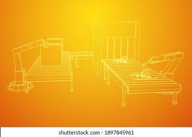 Robotic arm manufacture technology industry assembly mechanic hand. Regular roller conveyor with circuit boards and packed boxes. Wireframe low poly mesh vector illustration