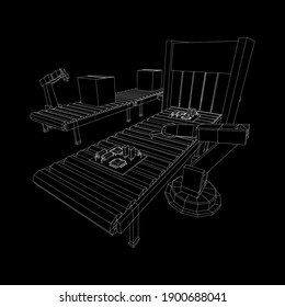 Roboter-Arm-Fertigung Technologie Montage-Mechanik Hand. Regelmäßiger Rollförderer mit Leiterplatten und gepackten Kartons. Wireframe Low-Poly-Mesh, Vektorgrafik