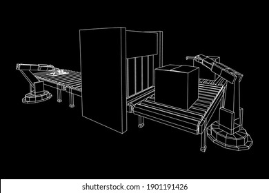 Roboter-Arm-Fertigung Technologie Montage-Mechanik Hand. Regelmäßiger Rollförderer mit Leiterplatten und gepackten Kartons. Wireframe Low-Poly-Mesh, Vektorgrafik