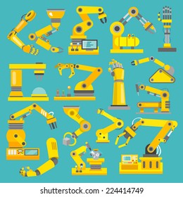 Robotic arm manufacture technology industry assembly mechanic flat decorative icons set isolated vector illustration