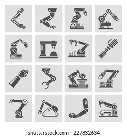 Robotic arm manufacture technology industry assembly mechanic black icons set isolated vector illustration
