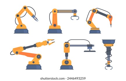 Robotic arm manufacture technology industry assembly mechanic flat decorative icons set isolated vector illustration