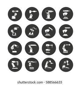 robotic arm in manufacturing process icon set in circle buttons