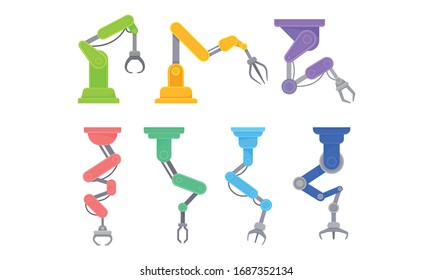Robotic Arm in Manufacturing Process. Robot and Machine Industry Vector Set