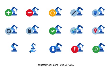 Robotic arm mechanic hand industrial equipment icon set collection vector isolated graphic